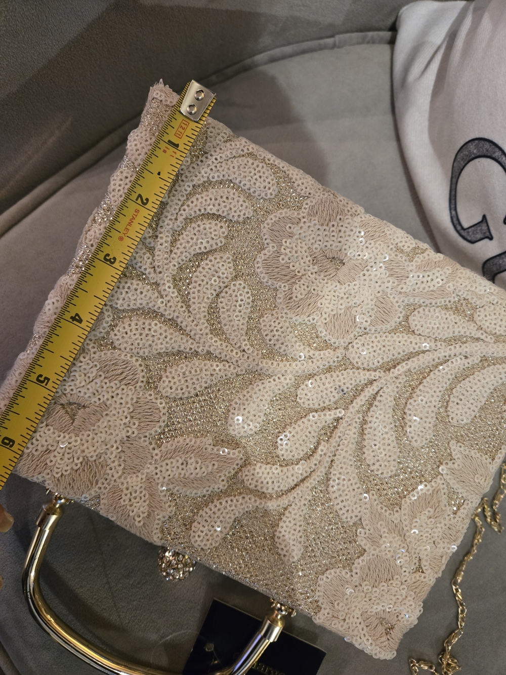 Sequined Floral Box Clutch with Gold Frame - Cream & Gold - Picture 5 of 8